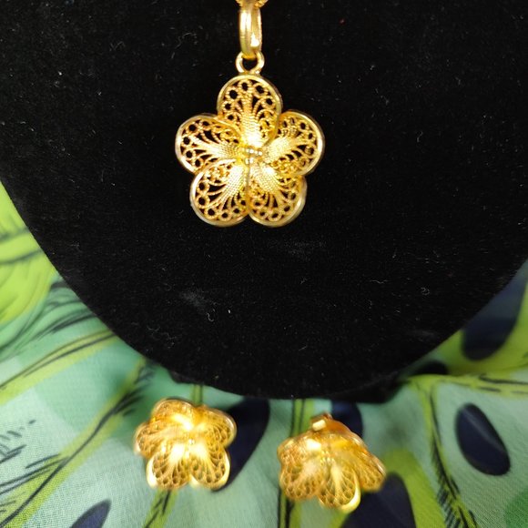 Filigree Earrings and necklace, 100% handmade 18 K gold plated silver 925. - Picture 3 of 11